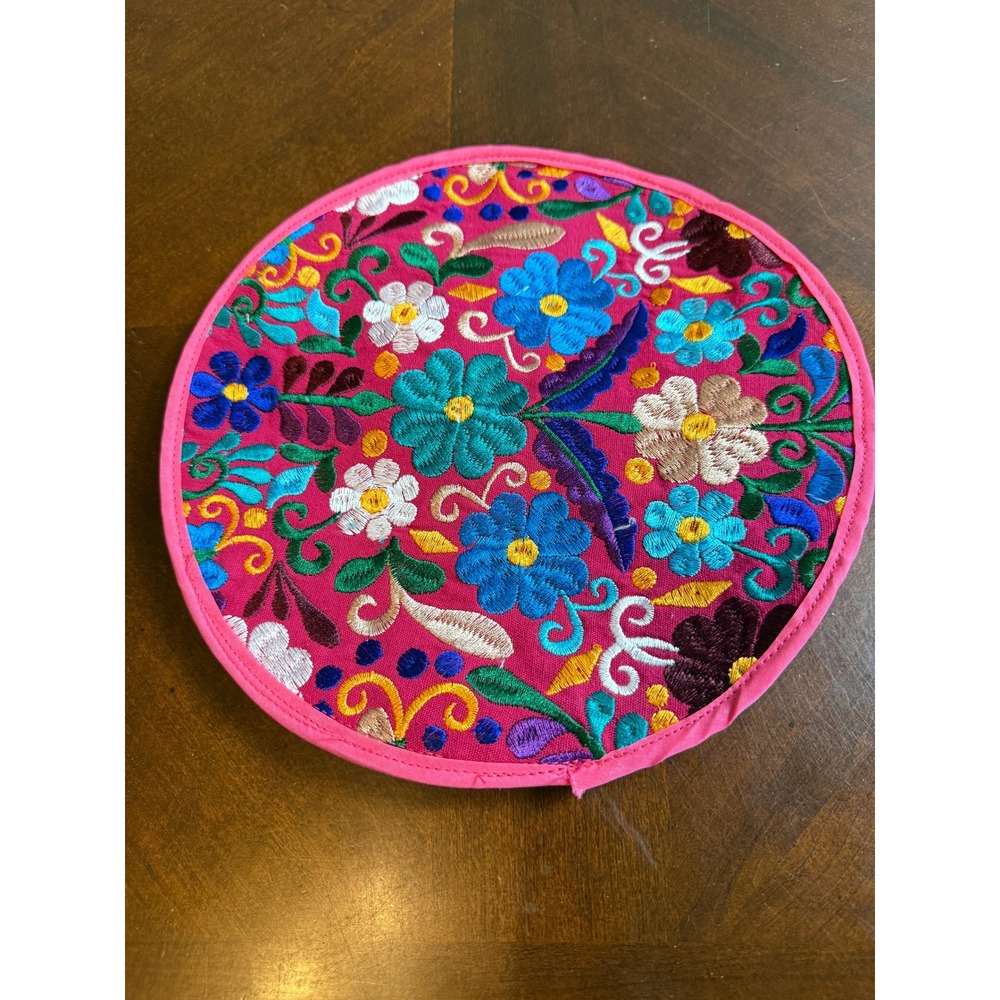Mexican Hand Embroidered Floral Tortilla Warmer Pouch Pink Round Boho